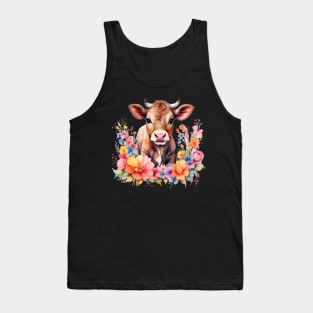 A cow decorated with beautiful watercolor flowers Tank Top